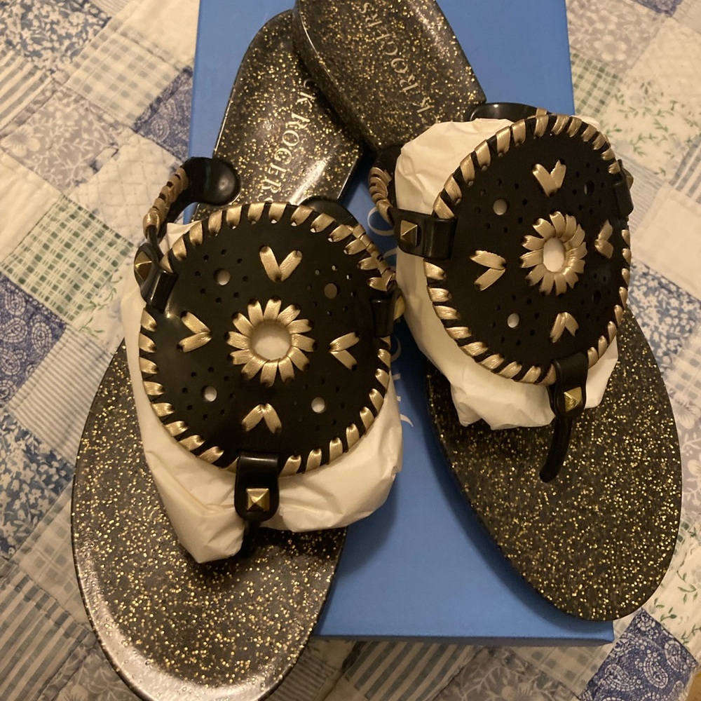 Jack Rogers Black and Gold Sandals